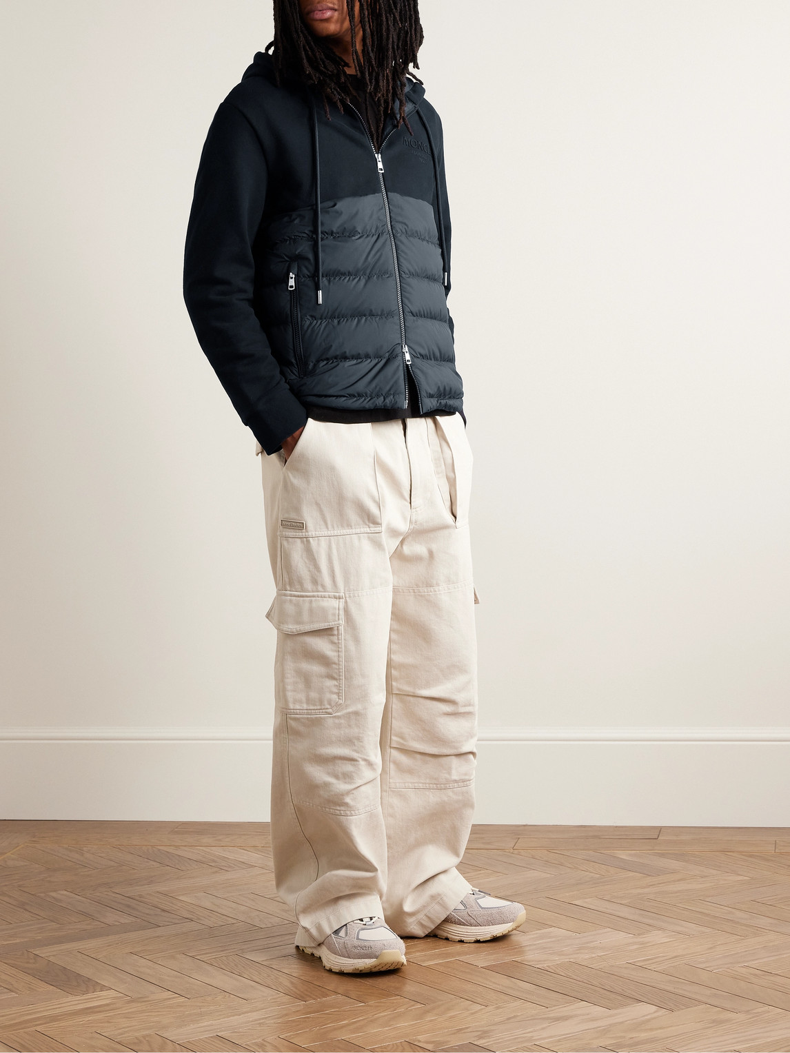 Shop Moncler Logo-appliquéd Panelled Cotton-jersey And Quilted Shell Down Zip-up Hoodie In Blue