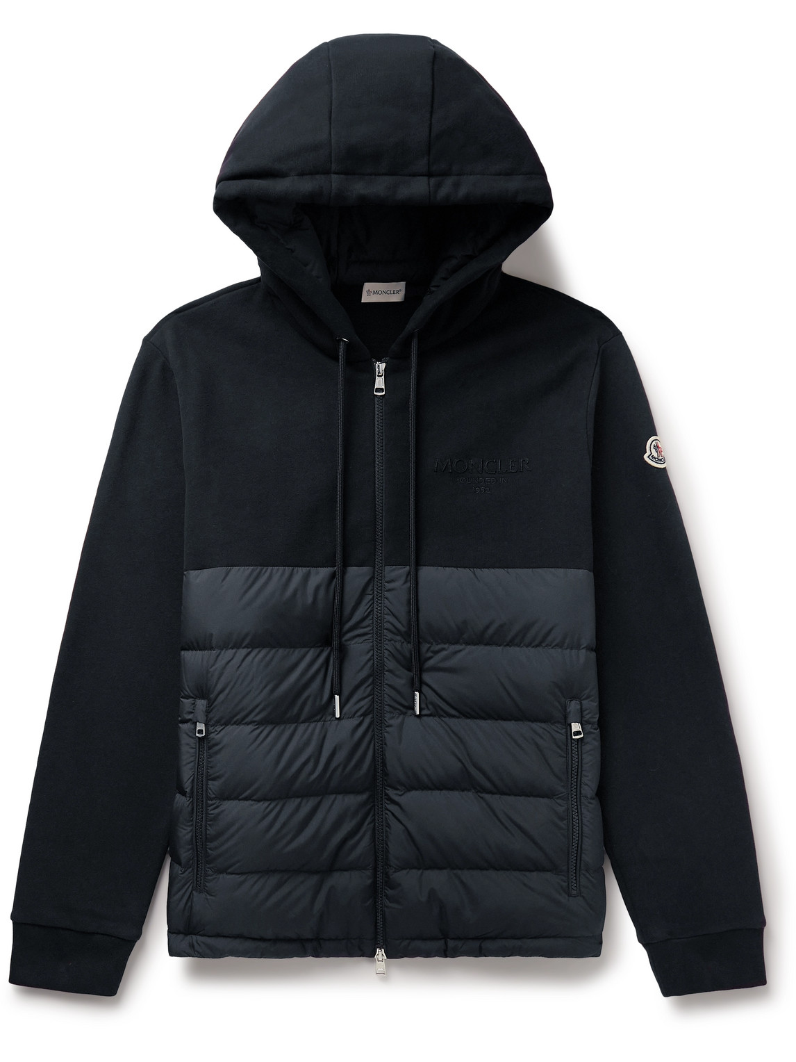 Shop Moncler Logo-appliquéd Panelled Cotton-jersey And Quilted Shell Down Zip-up Hoodie In Blue