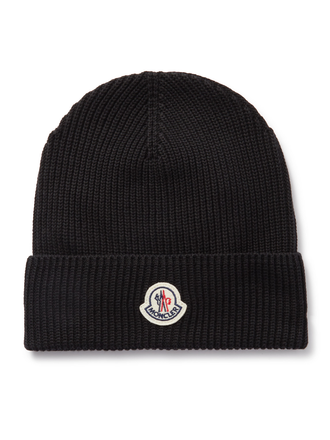 Shop Moncler Logo-appliquéd Ribbed Cotton Beanie In Black