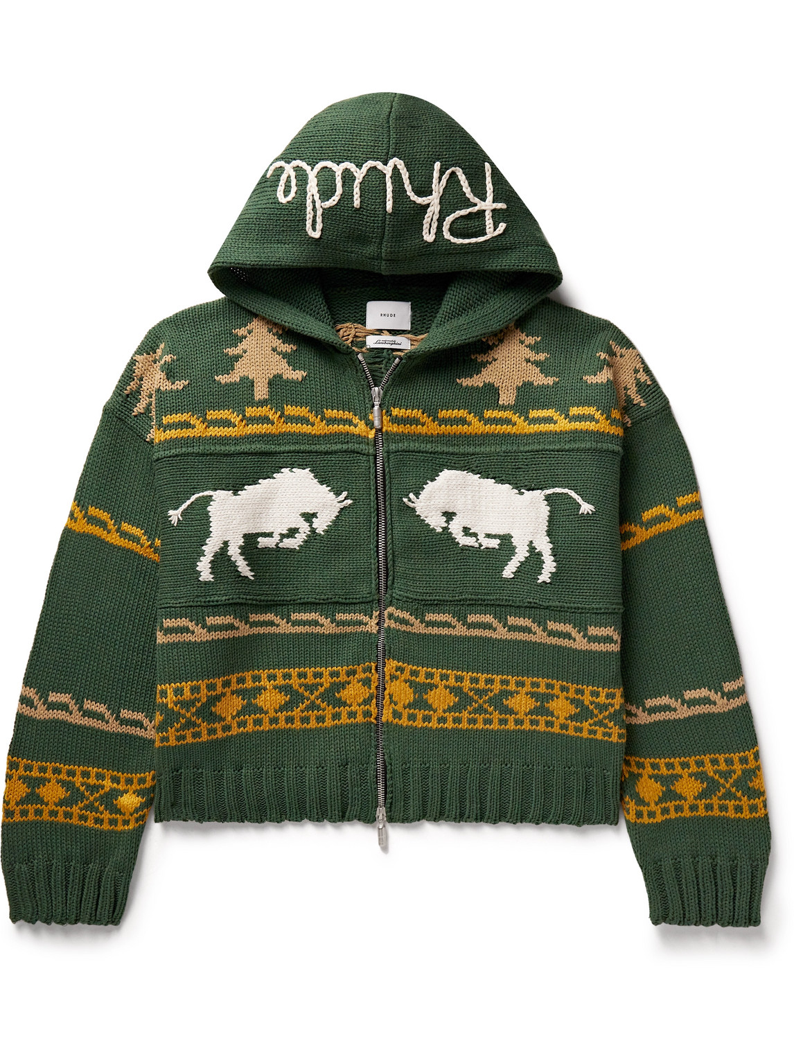 Rhude Automobili Lamborghini Cotton-blend Jacquard Hooded Zip-up Cardigan In Green