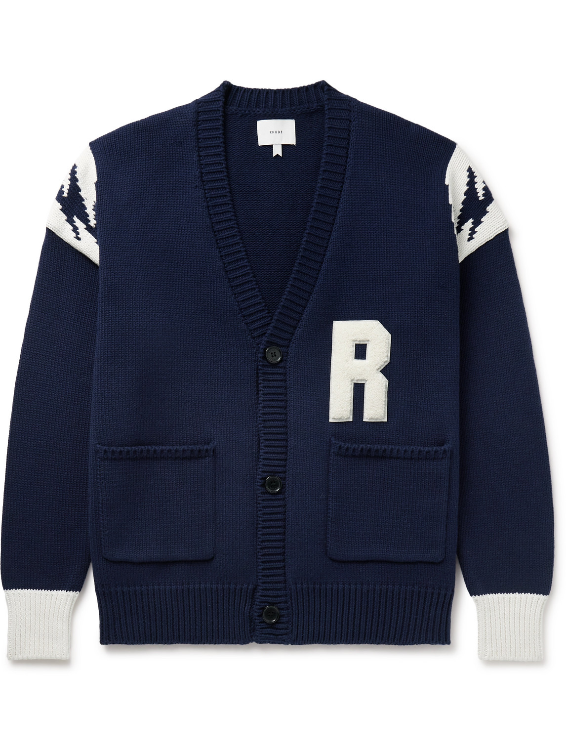 Shop Rhude Logo-appliquéd Intarsia-knit Cotton Cardigan In Blue