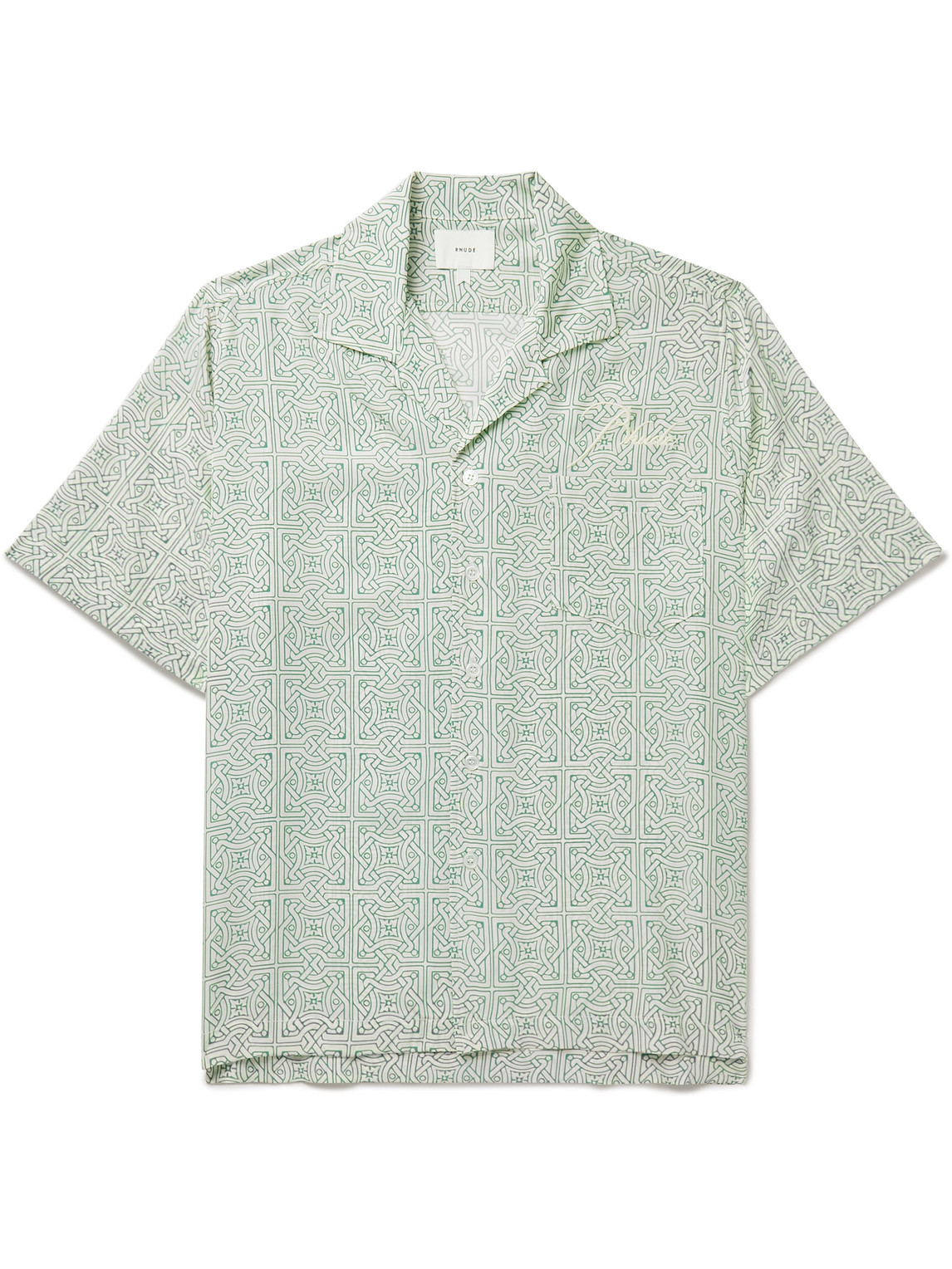 Rhude Camp-collar Logo-embroidered Printed Silk-twill Shirt In Green