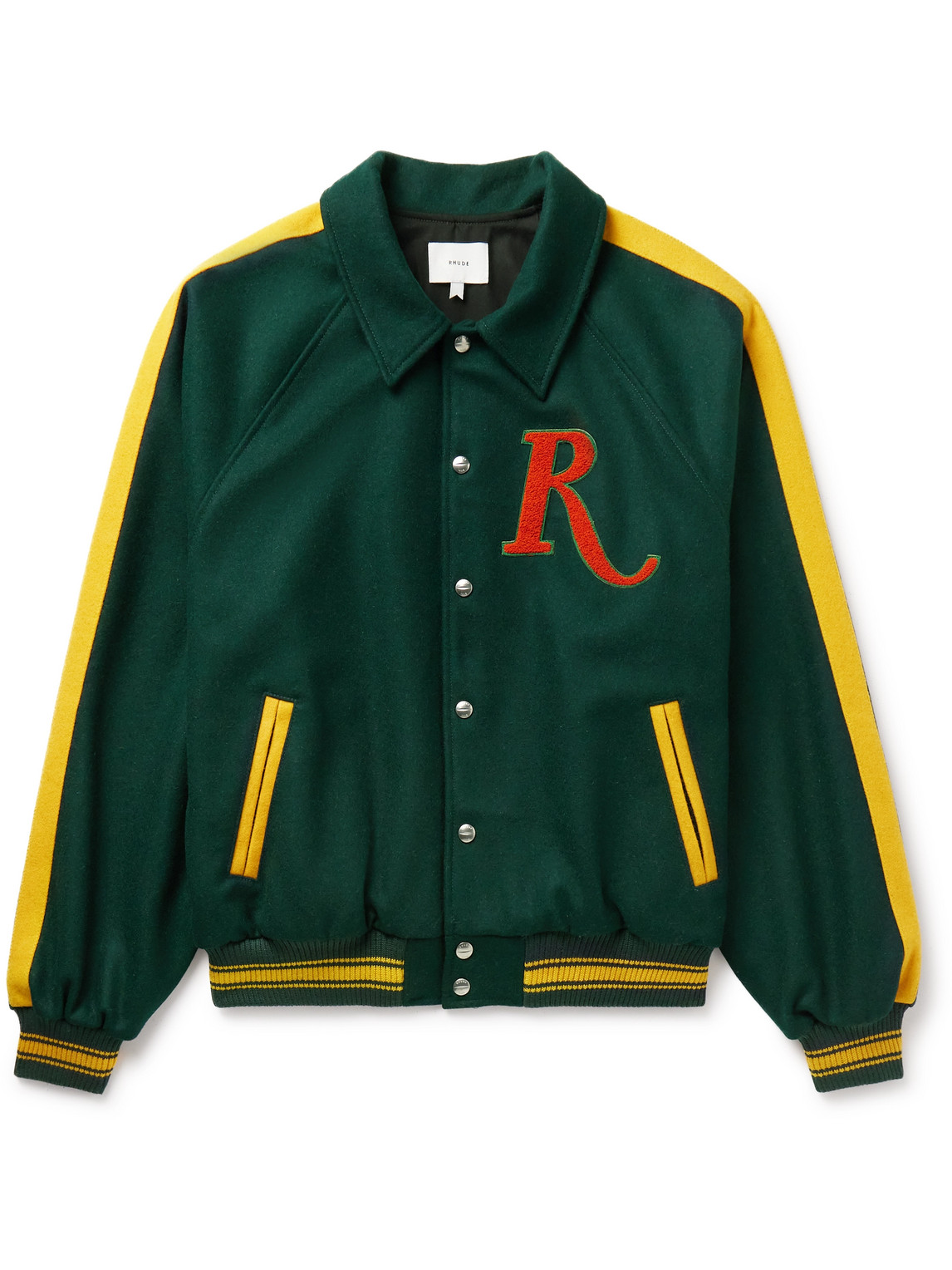 Rhude Striped Logo-appliquéd Wool-blend Felt Varsity Jacket In Green