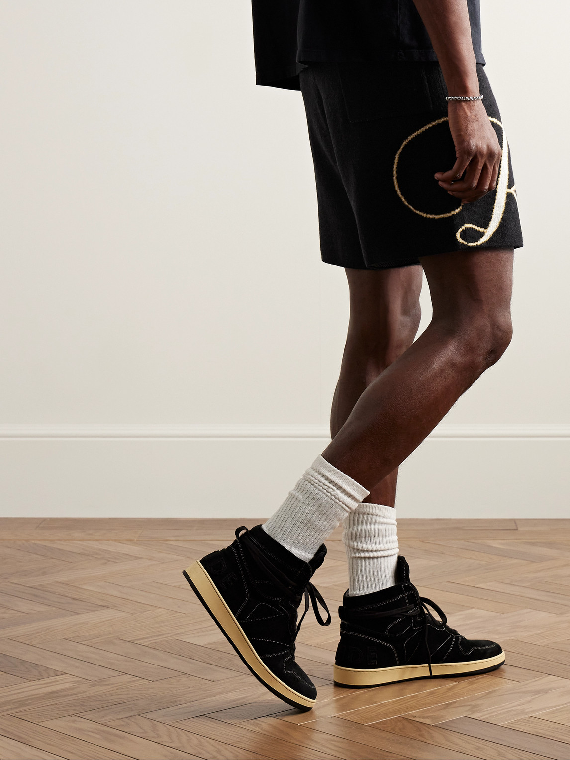 Shop Rhude Straight-leg Logo-jacquard Cotton And Cashmere-blend Drawstring Shorts In Black