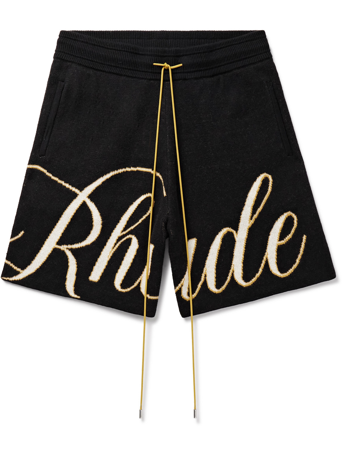 Shop Rhude Straight-leg Logo-jacquard Cotton And Cashmere-blend Drawstring Shorts In Black