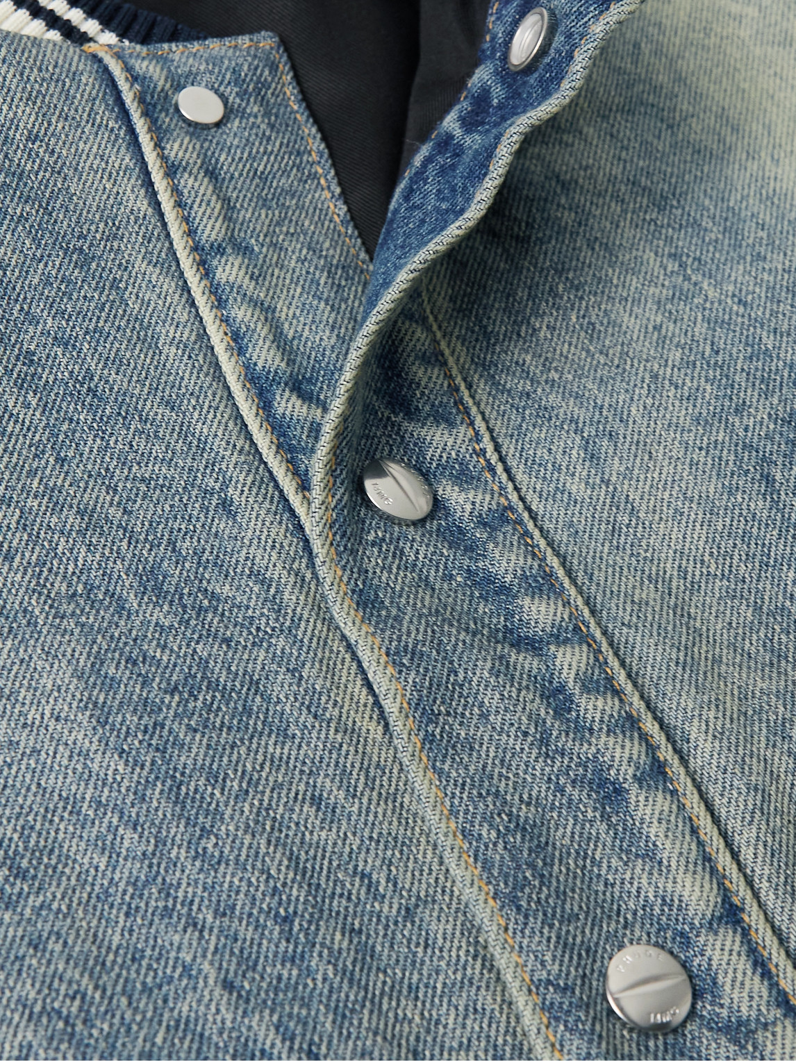 Shop Rhude Logo-appliquéd Leather-trimmed Padded Denim Varsity Jacket In Blue