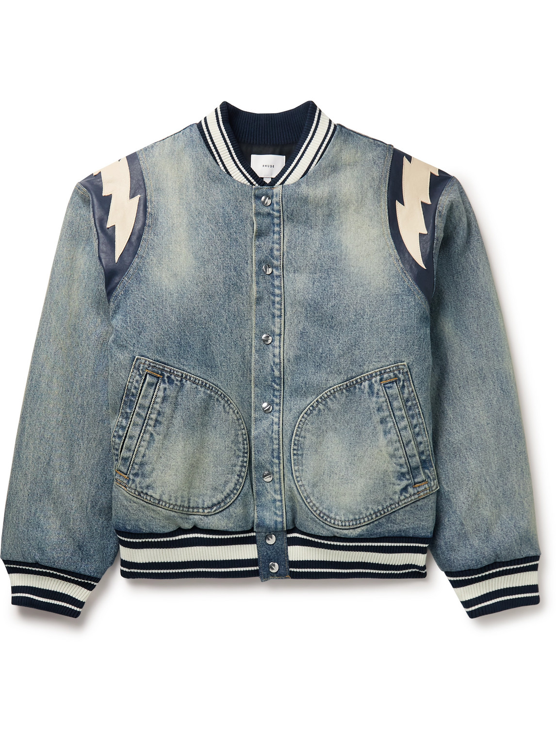 Shop Rhude Logo-appliquéd Leather-trimmed Padded Denim Varsity Jacket In Blue