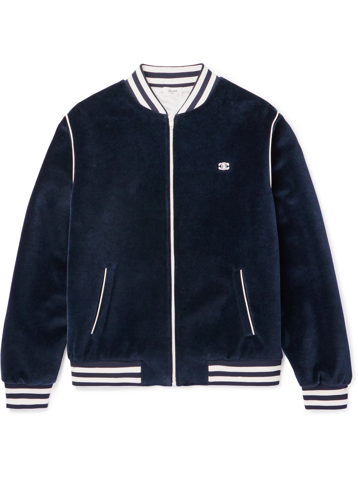 Celine Striped Logo-embroidered Cotton-blend Velour Varsity Jacket In Blue