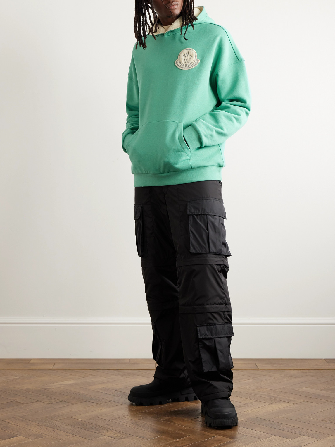 Shop Moncler Genius Pharrell Williams Reversible Logo-appliquéd Cotton-jersey And Fleece Hoodie In Green