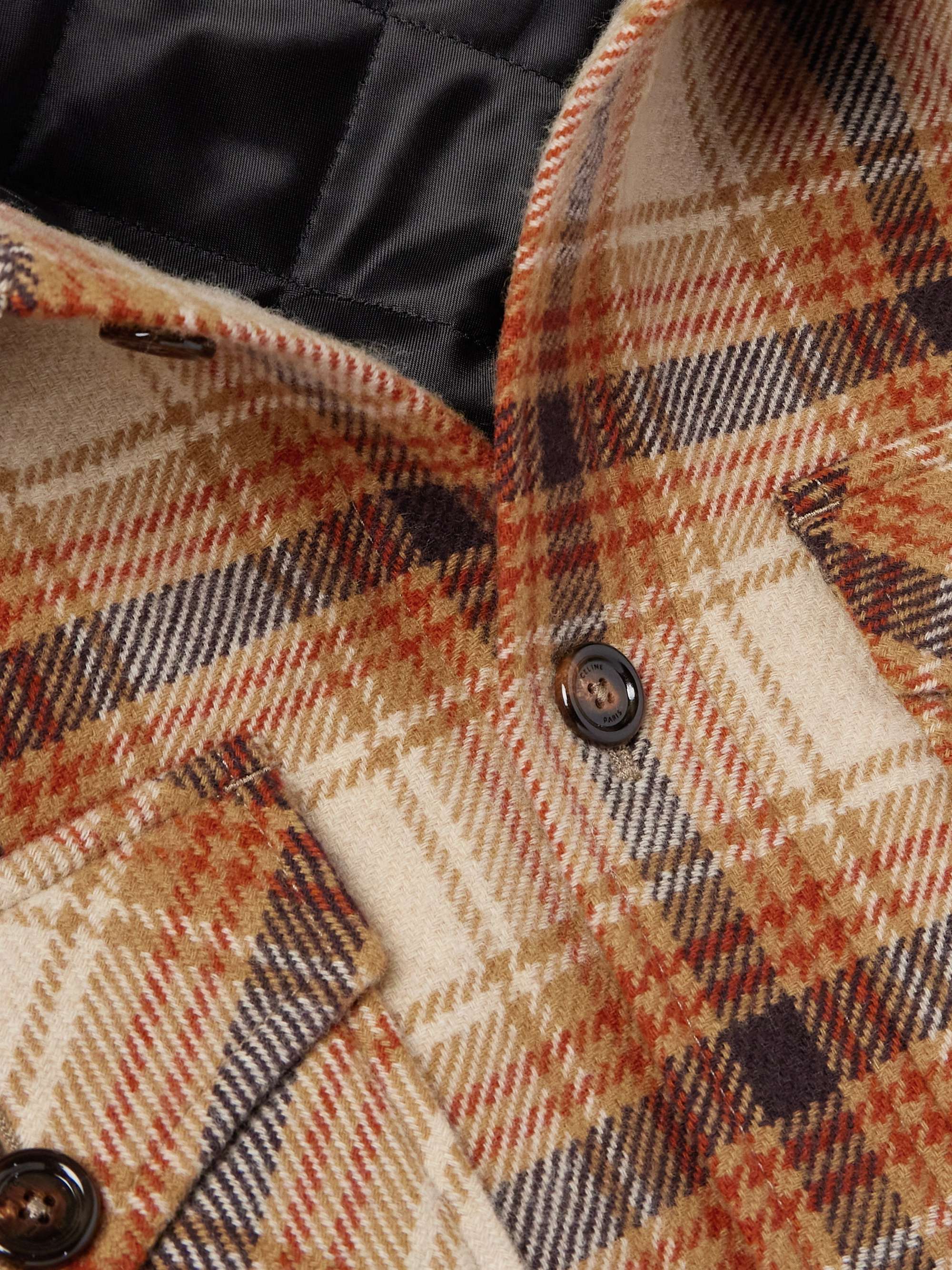 CELINE HOMME Logo-Print Cotton-Trimmed Checked Wool Hooded CELINE HOMME Logo-Print Cotton-Trimmed Checked Wool Hooded