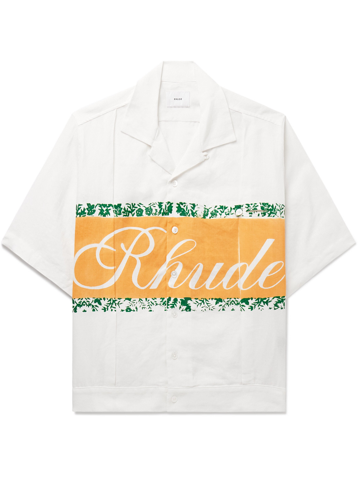 Shop Rhude Convertible-collar Pleated Logo-print Linen Shirt In White