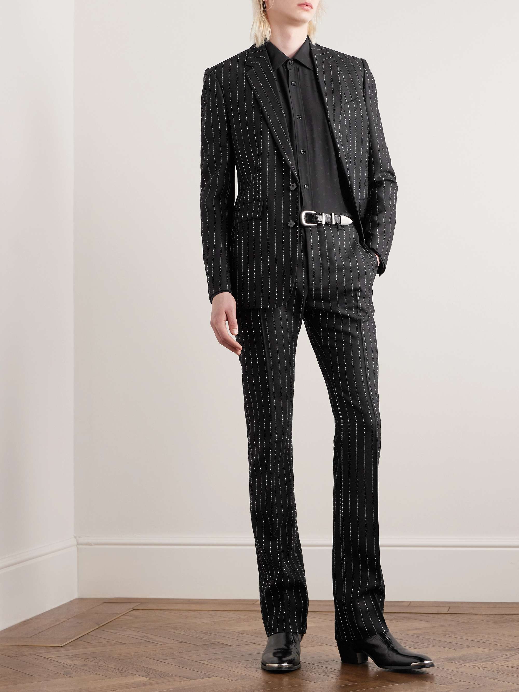 CELINE HOMME Slim-Fit Pinstriped Crystal-Embellished Wool-Twill