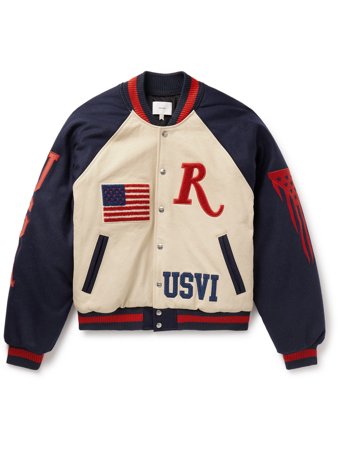 RHUDE SAINT CROIX PADDED APPLIQUÉD LEATHER AND WOOL-BLEND FELT VARSITY JACKET