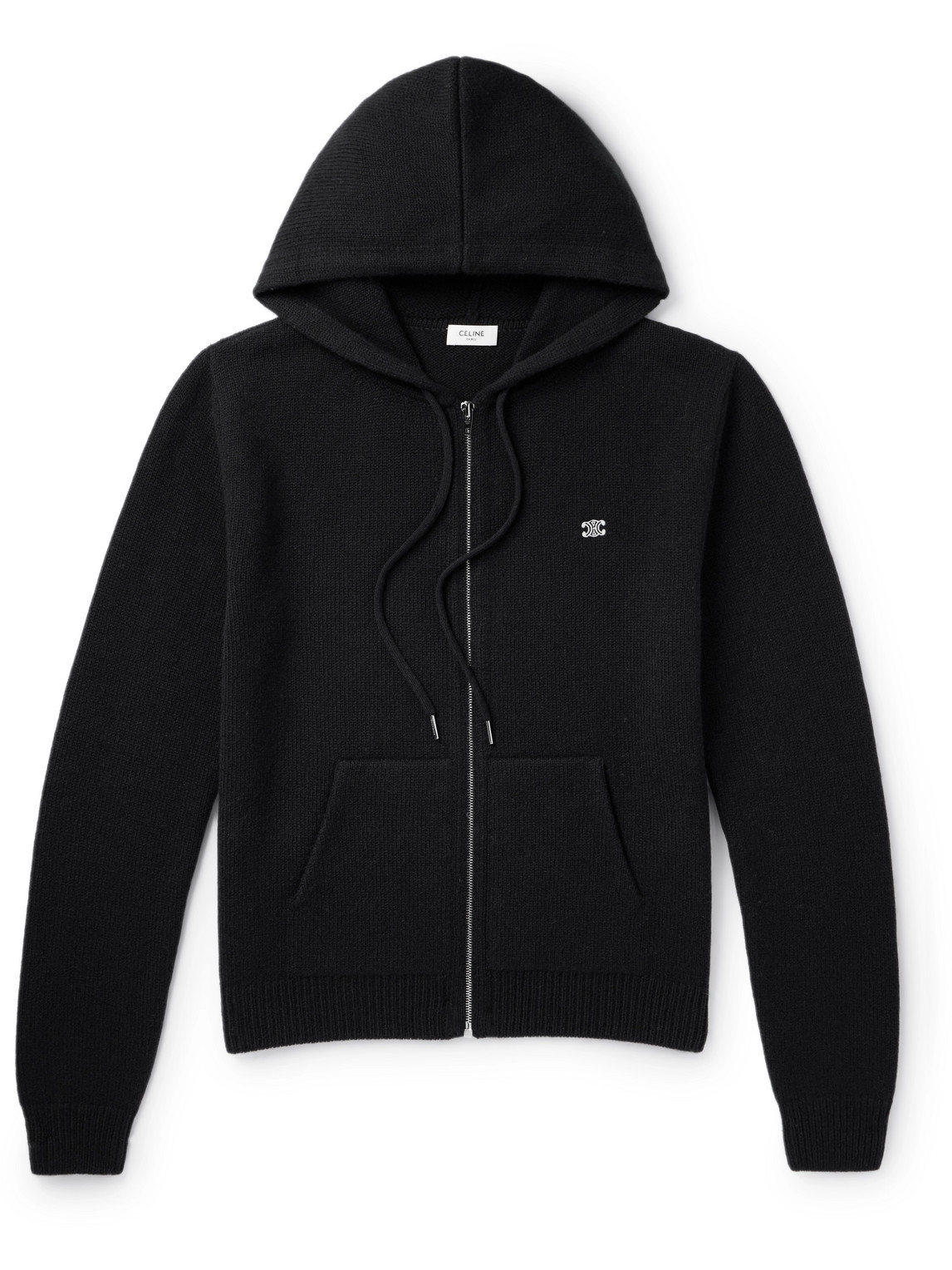 Celine Logo-embroidered Knitted Wool And Cashmere-blend Hoodie In Black