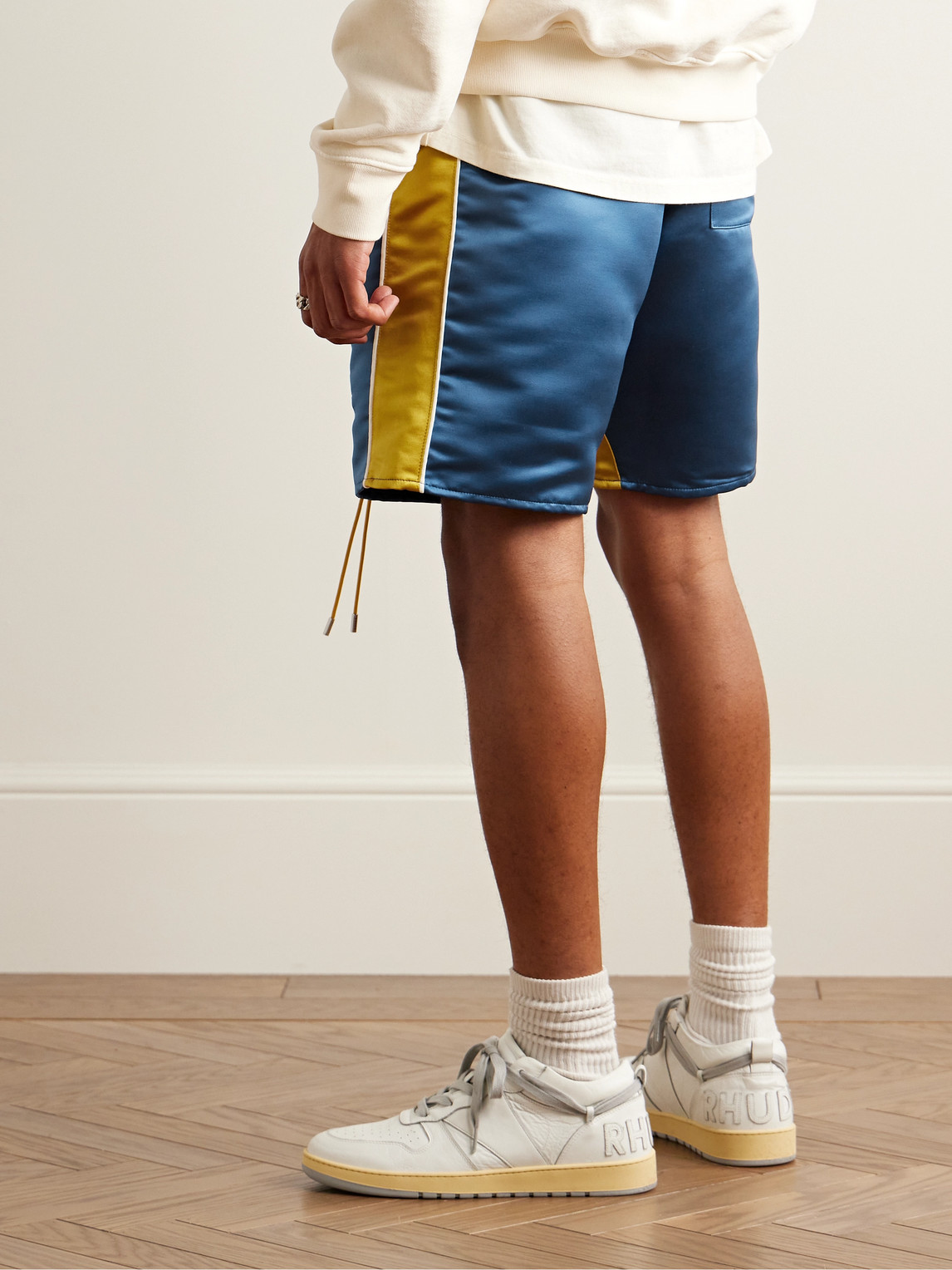 Shop Rhude Straight-leg Panelled Logo-embroidered Satin Drawstring Shorts In Blue