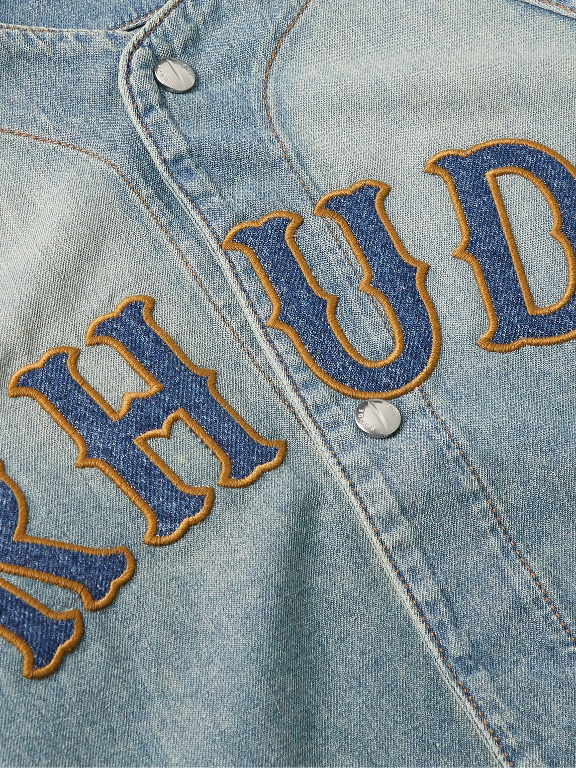 Shop Rhude Logo-appliquéd Denim Shirt In Blue