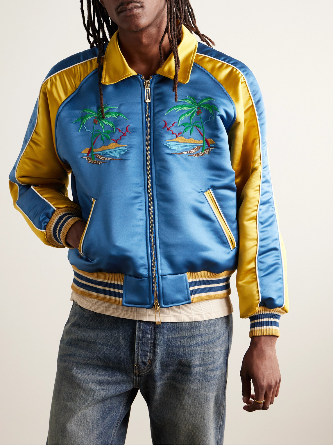 Shop Rhude Two-tone Padded Logo-embroidered Satin Bomber Jacket In Blue