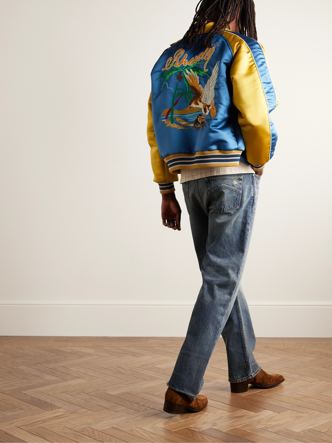 Shop Rhude Two-tone Padded Logo-embroidered Satin Bomber Jacket In Blue