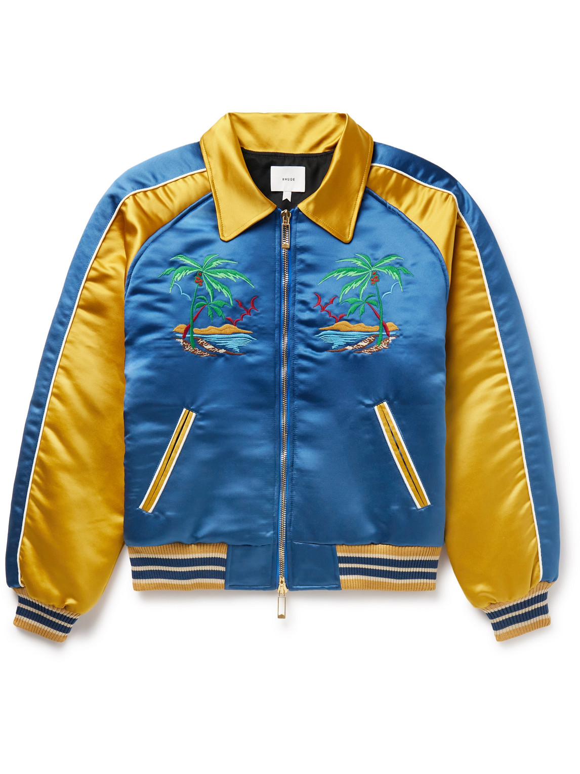 Shop Rhude Two-tone Padded Logo-embroidered Satin Bomber Jacket In Blue