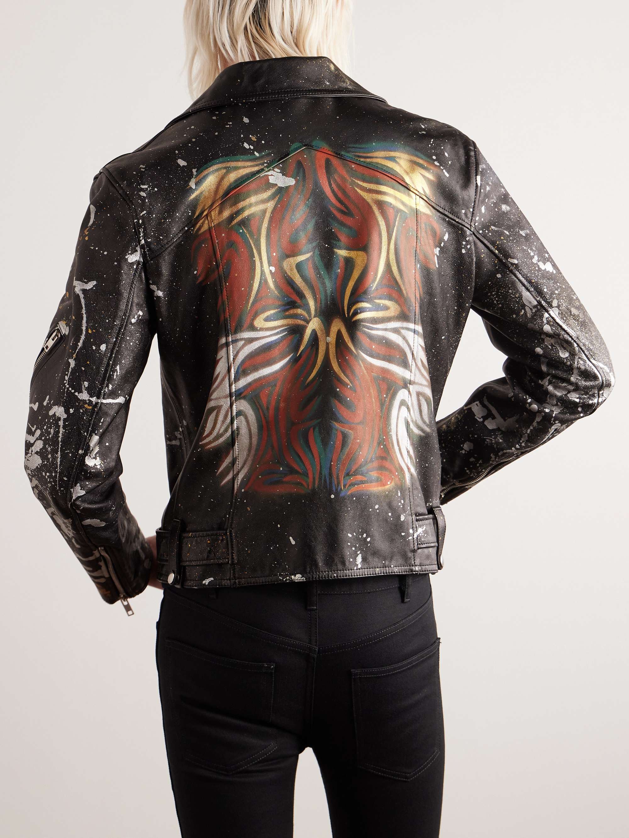 Slim-Fit Paint-Splattered Printed Leather Biker Jacket