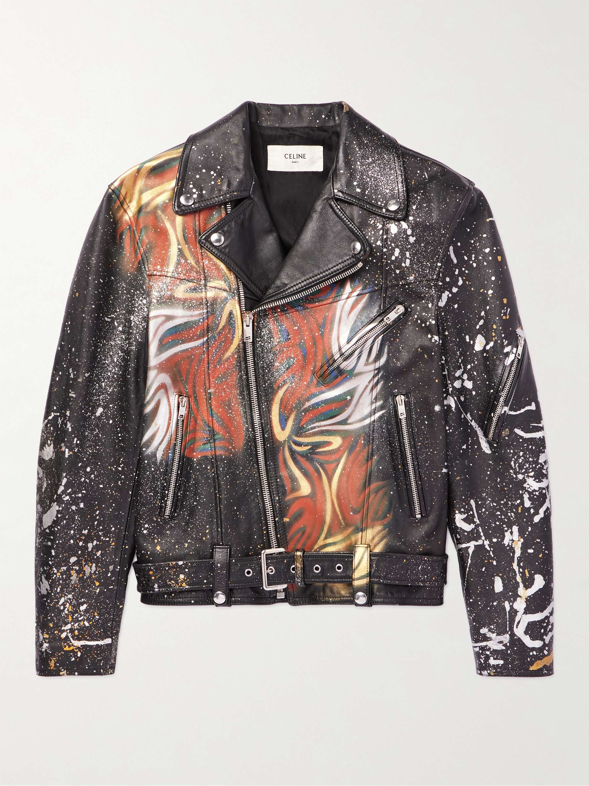 Celine Homme Slim-Fit Paint-Splattered Printed Leather Biker Jacket - Men - Black Coats and Jackets - L