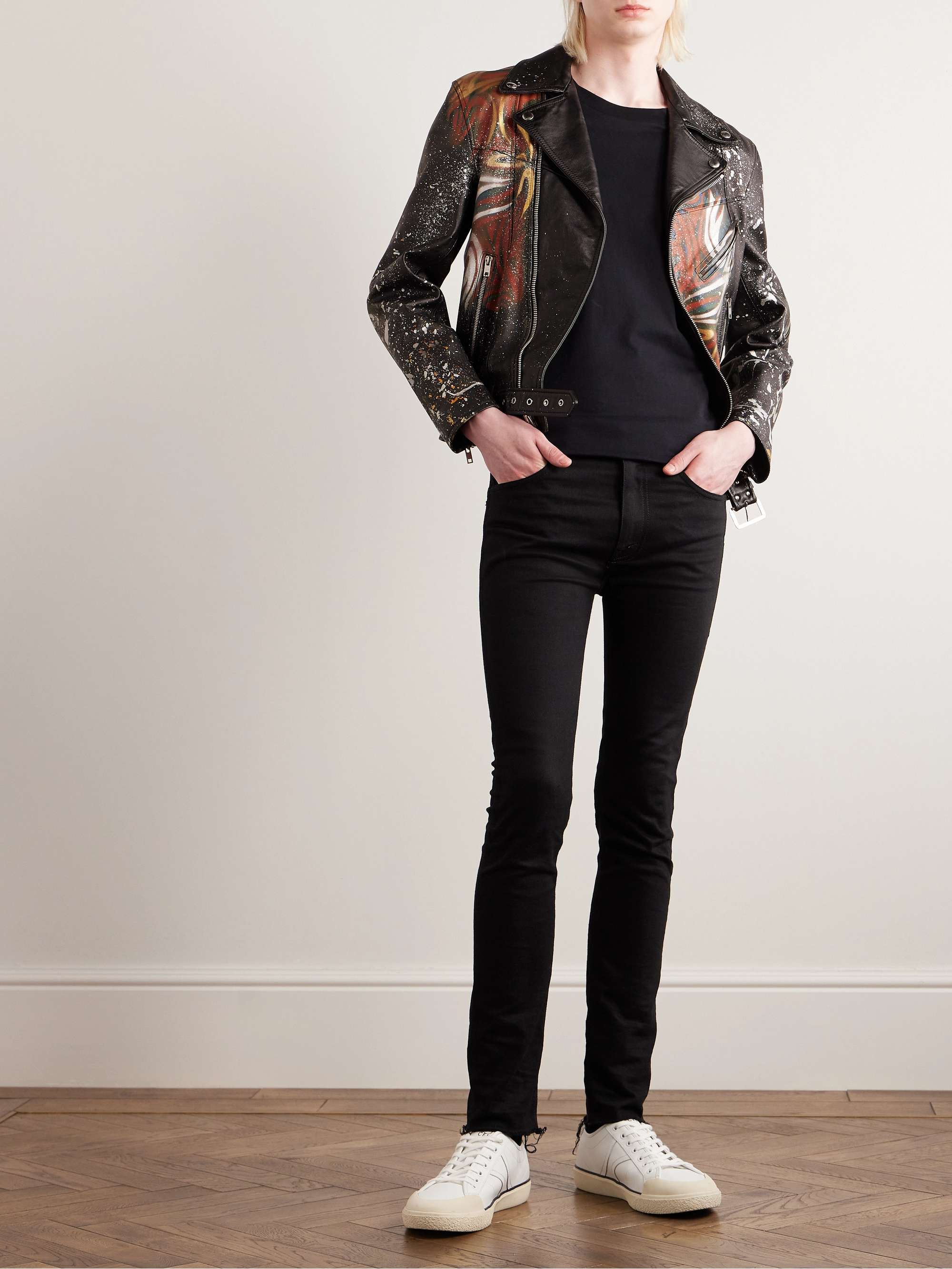 Slim-Fit Paint-Splattered Printed Leather Biker Jacket