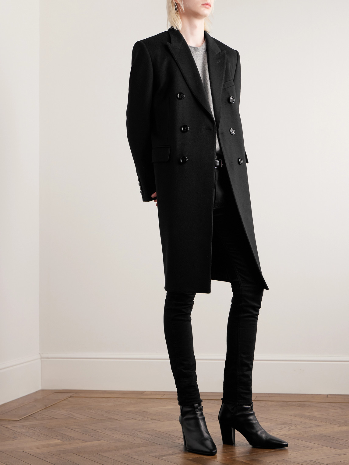 Celine Slim-fit Double-breasted Wool Coat In Black
