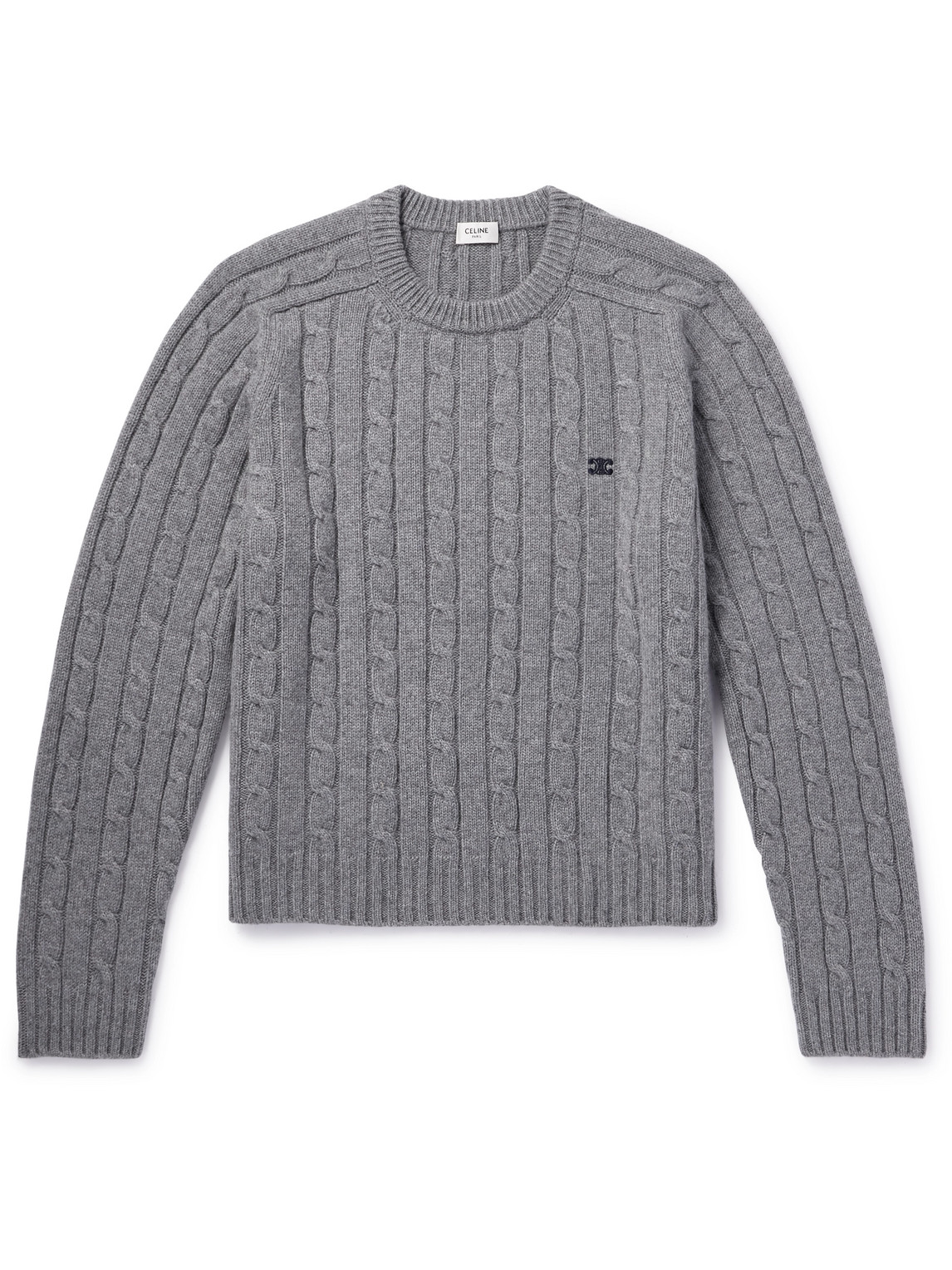 Celine Suede-trimmed Cable-knit Cashmere Sweater In Gray