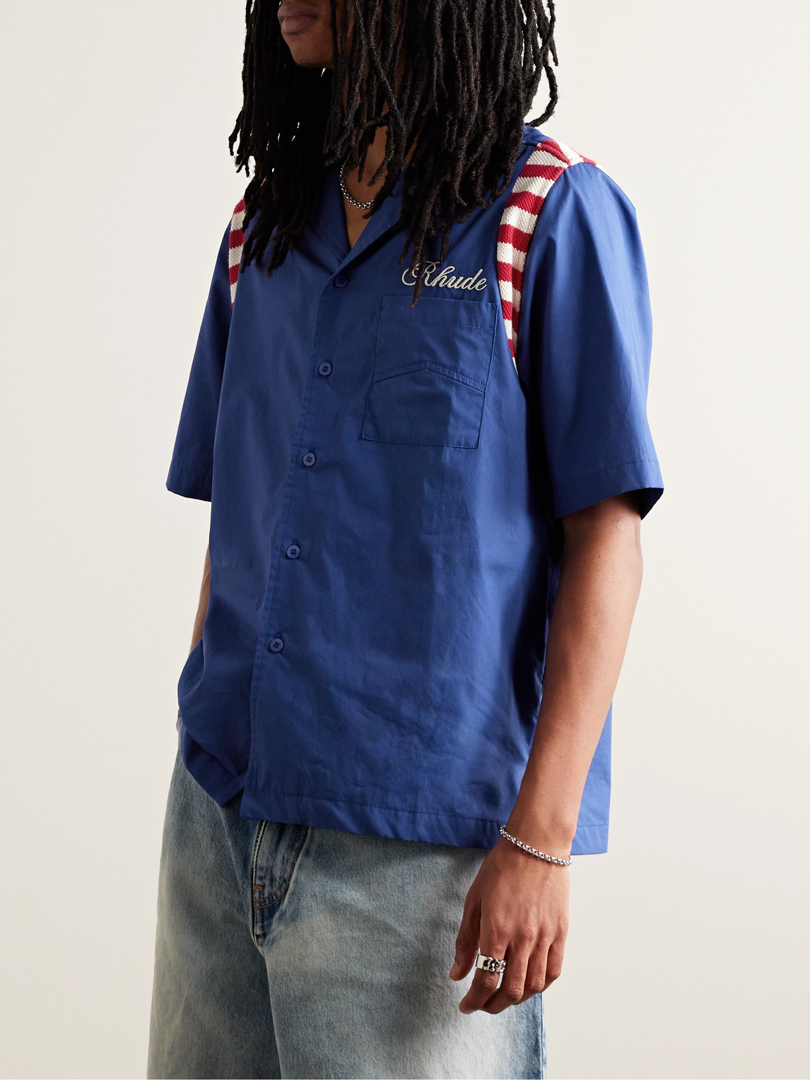 Shop Rhude American Spirit Camp-collar Crochet-trimmed Logo-print Cotton-poplin Shirt In Blue