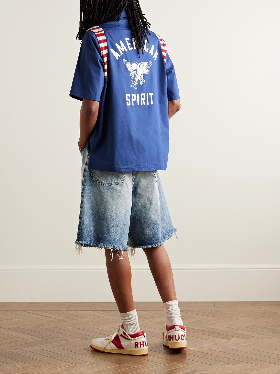 Shop Rhude American Spirit Camp-collar Crochet-trimmed Logo-print Cotton-poplin Shirt In Blue
