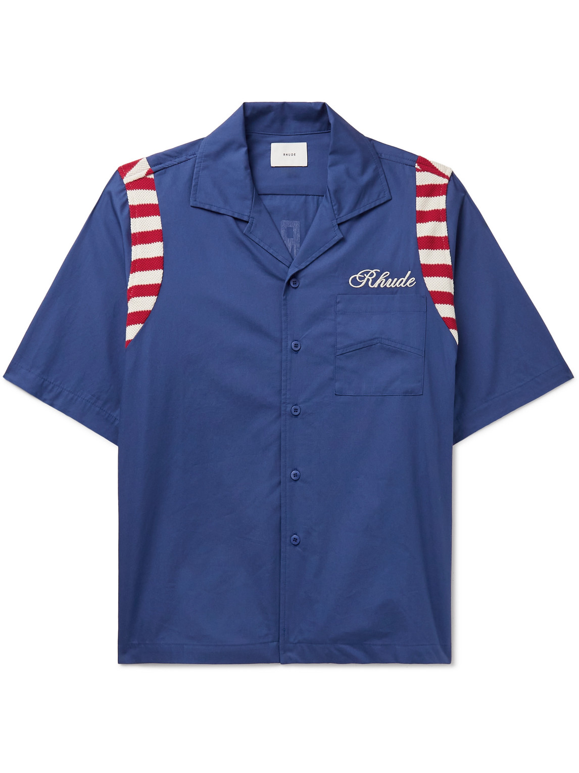 Shop Rhude American Spirit Camp-collar Crochet-trimmed Logo-print Cotton-poplin Shirt In Blue