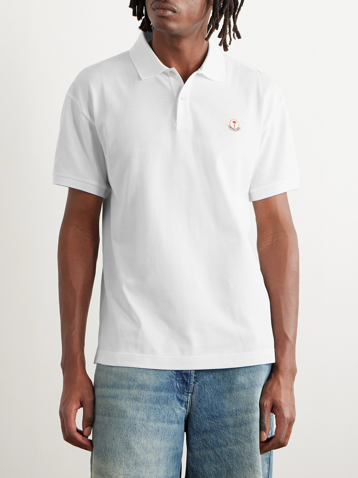 Shop Moncler Genius Palm Angels Logo-embroidered Cotton-piqué Polo Shirt In White