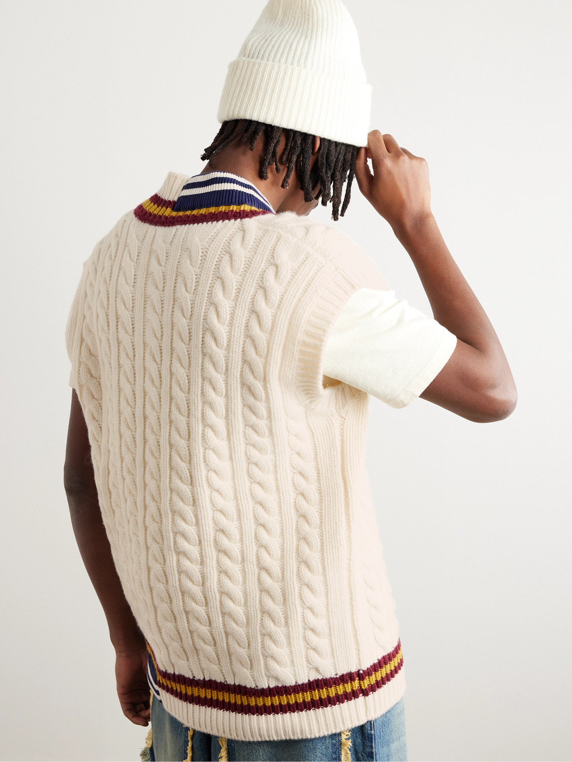 Shop Moncler Genius Palm Angels Logo-appliquéd Cable-knit Wool Sweater Vest In White