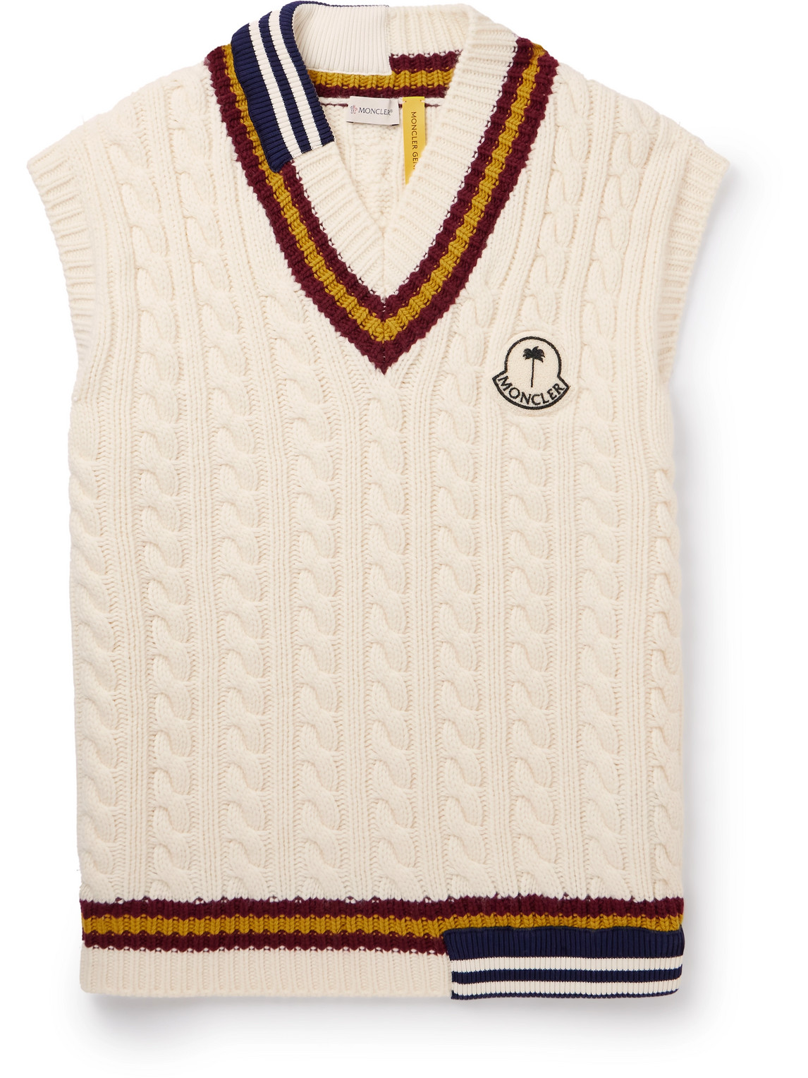 Moncler Genius Palm Angels Logo-appliquéd Cable-knit Wool Jumper Waistcoat In Neutrals