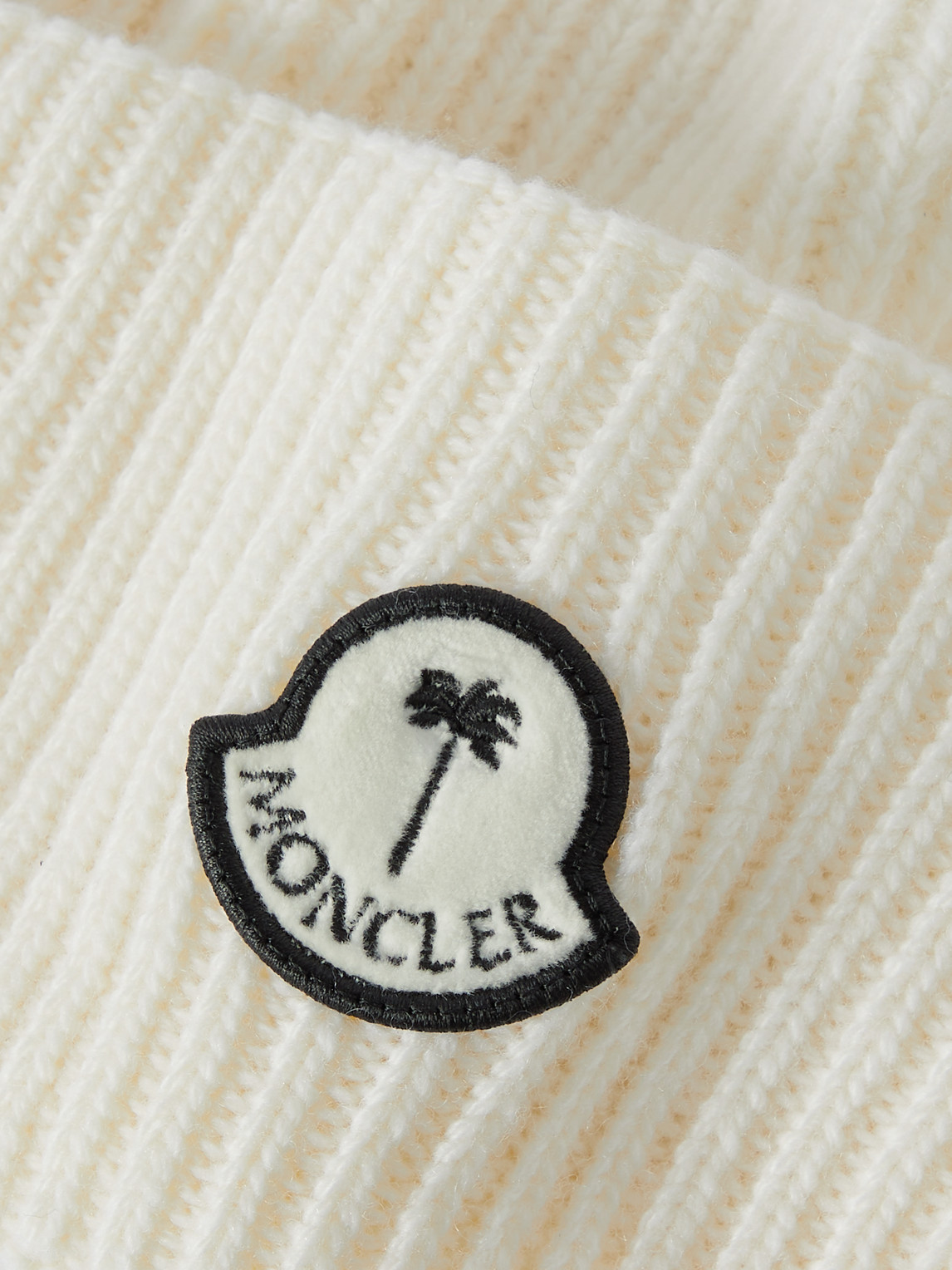 Shop Moncler Genius Palm Angels Logo-appliquéd Ribbed Wool Beanie In White