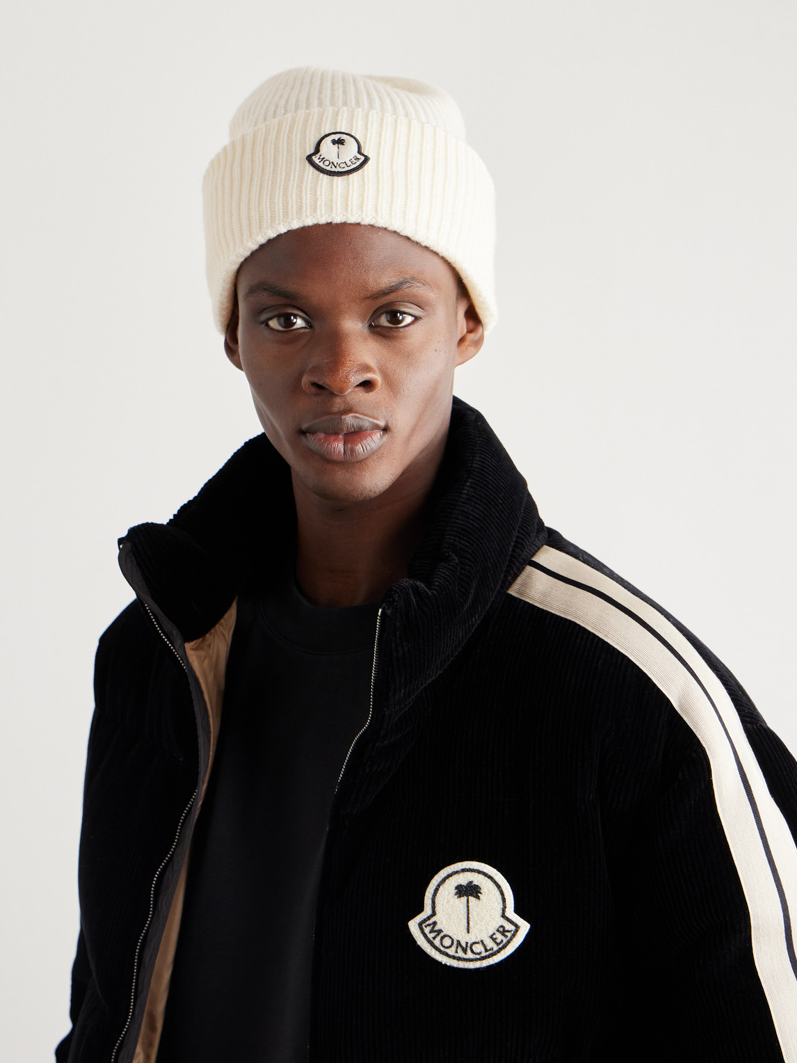 Shop Moncler Genius Palm Angels Logo-appliquéd Ribbed Wool Beanie In White