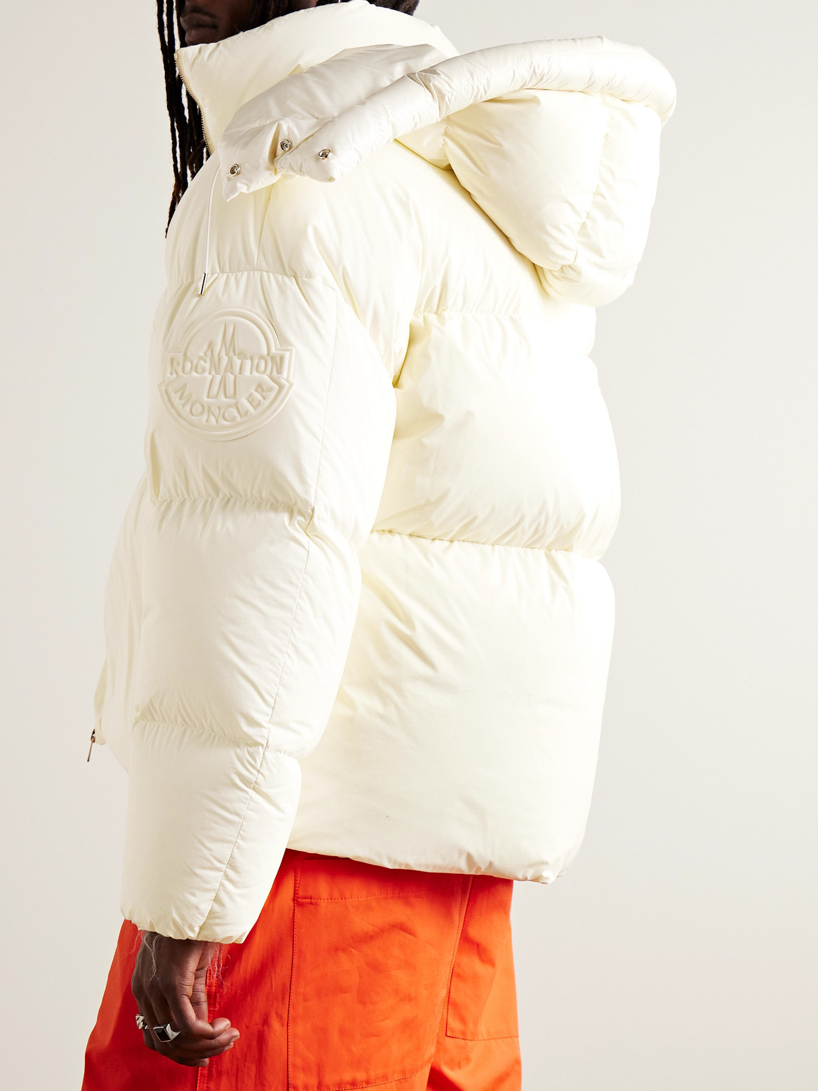 Shop Moncler Genius Roc Nation By Jay-z Antila Logo-appliquéd Quilted Shell Hooded Down Jacket In Neutrals