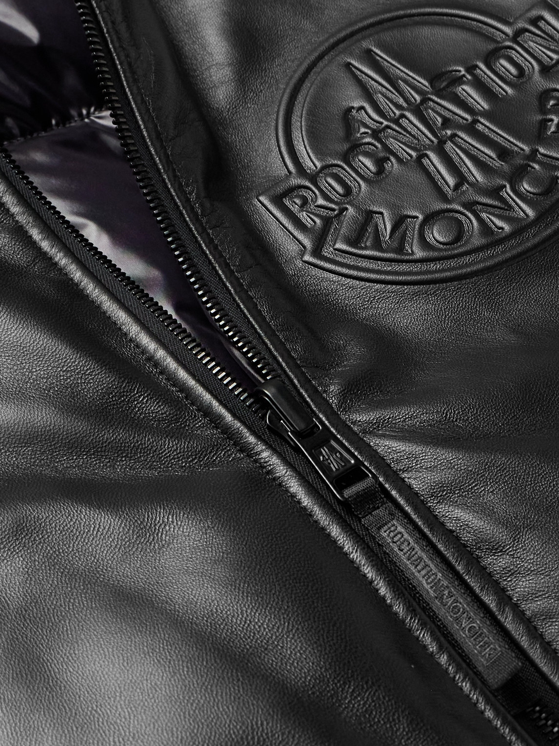 Shop Moncler Genius Roc Nation By Jay-z Cassiopeia Reversible Logo-embossed Leather And Quilted Shell Down Bomber Jacket In Black