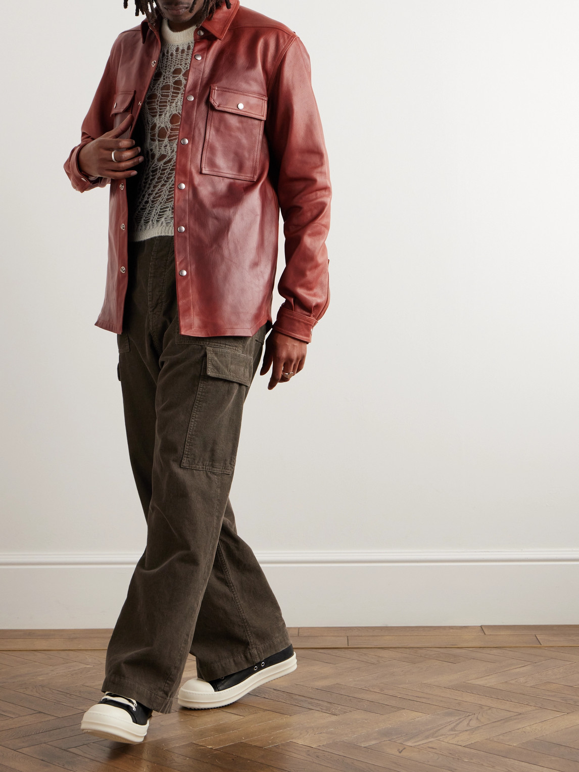 Shop Rick Owens Webbing-trimmed Leather Overshirt In Red