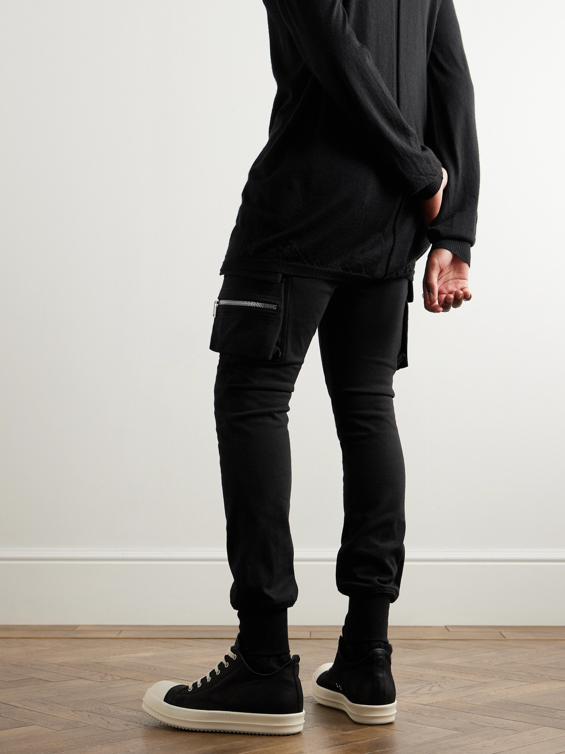 Shop Rick Owens Mastodon Tapered Cotton-jersey Drawstring Cargo Trousers In Black