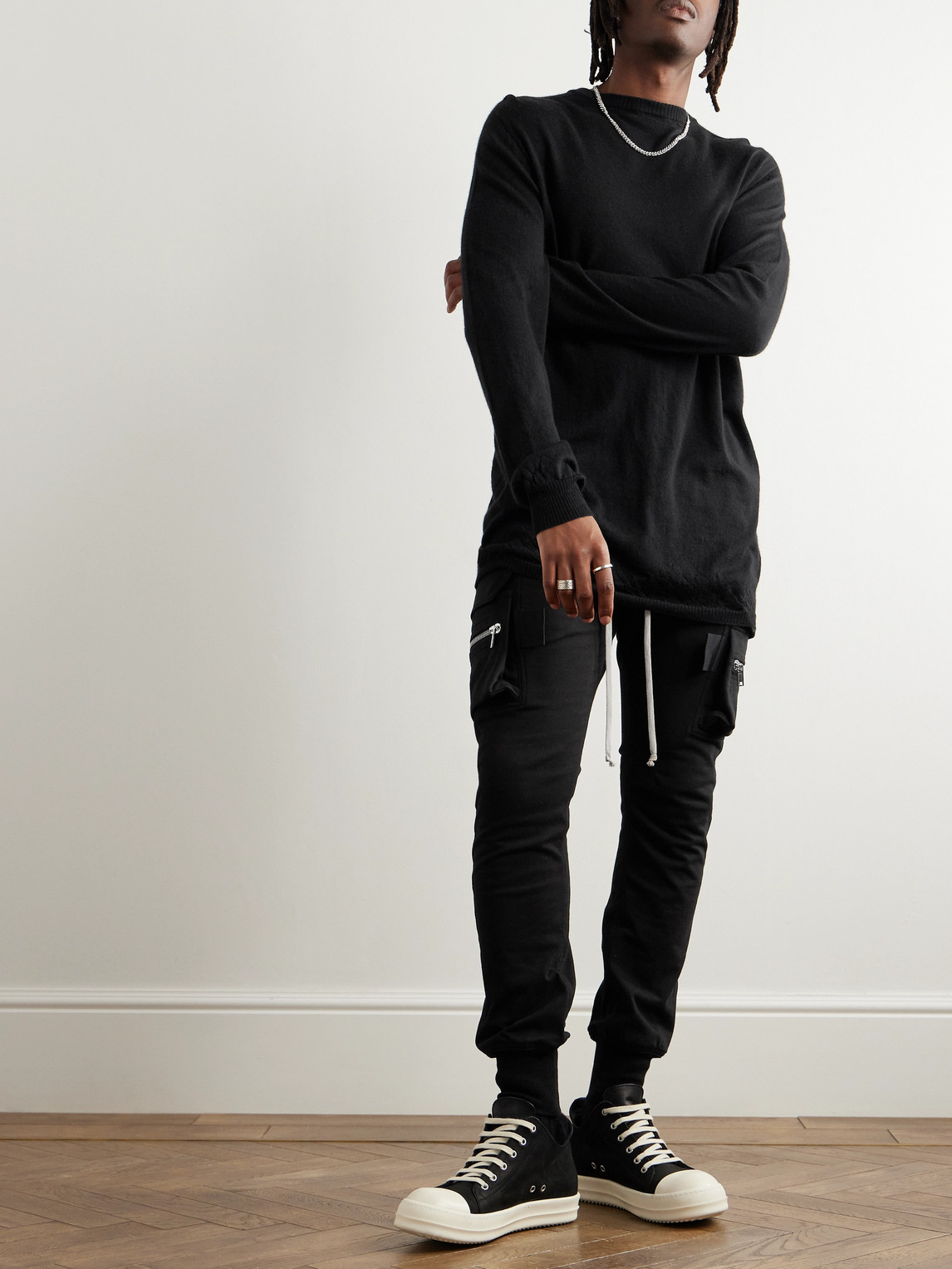 Shop Rick Owens Mastodon Tapered Cotton-jersey Drawstring Cargo Trousers In Black