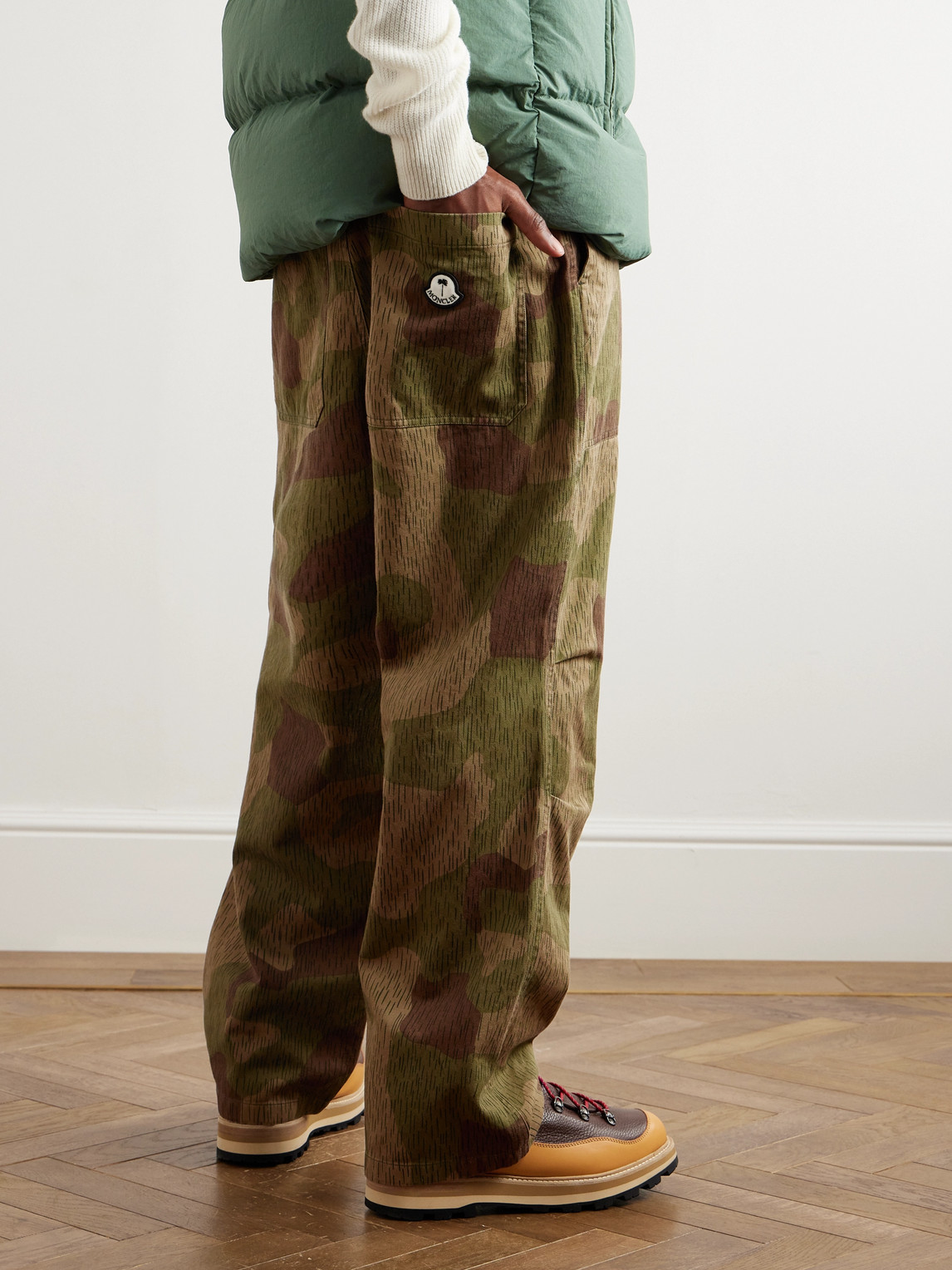 Shop Moncler Genius Palm Angels Wide-leg Camouflage-print Cotton-gabardine Trousers In Green