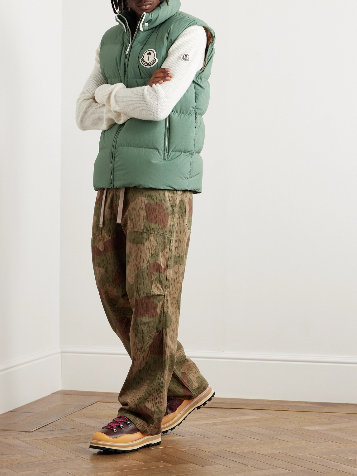 Shop Moncler Genius Palm Angels Wide-leg Camouflage-print Cotton-gabardine Trousers In Green