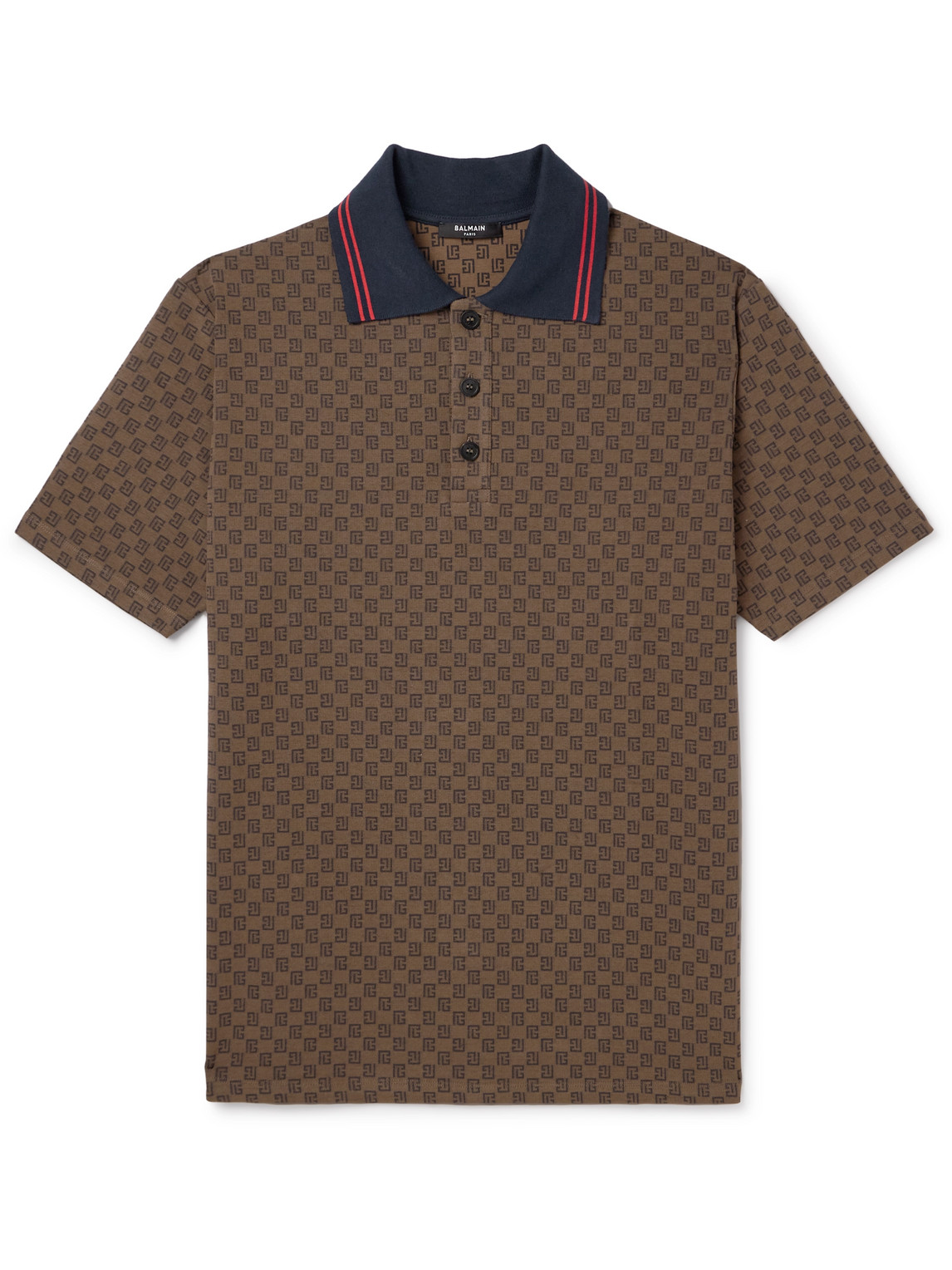 Balmain Monogrammed Stretch-cotton Polo Shirt In Brown