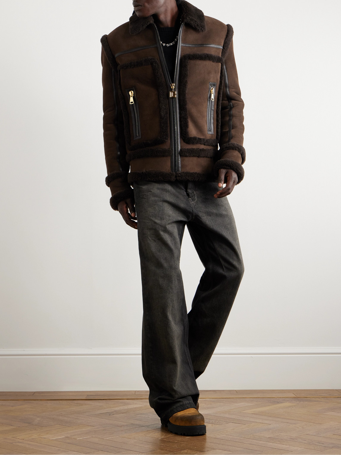 Shop Balmain Leather-trimmed Shearling Jacket In Brown