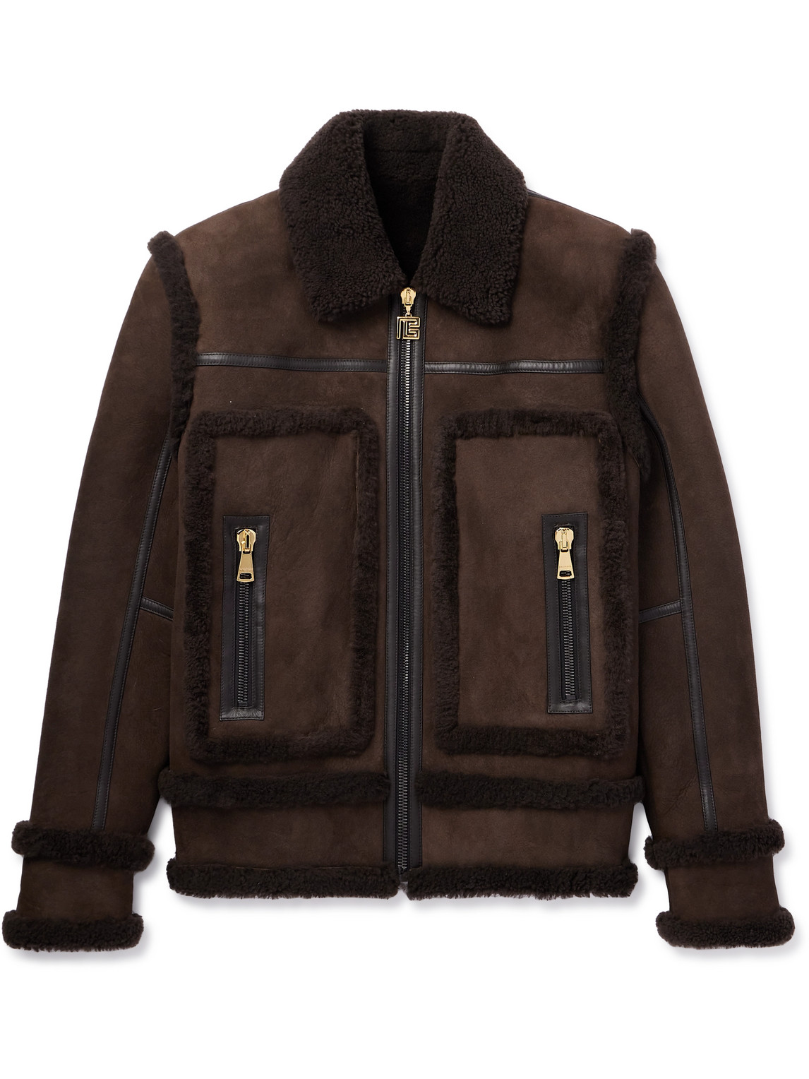 Shop Balmain Leather-trimmed Shearling Jacket In Brown