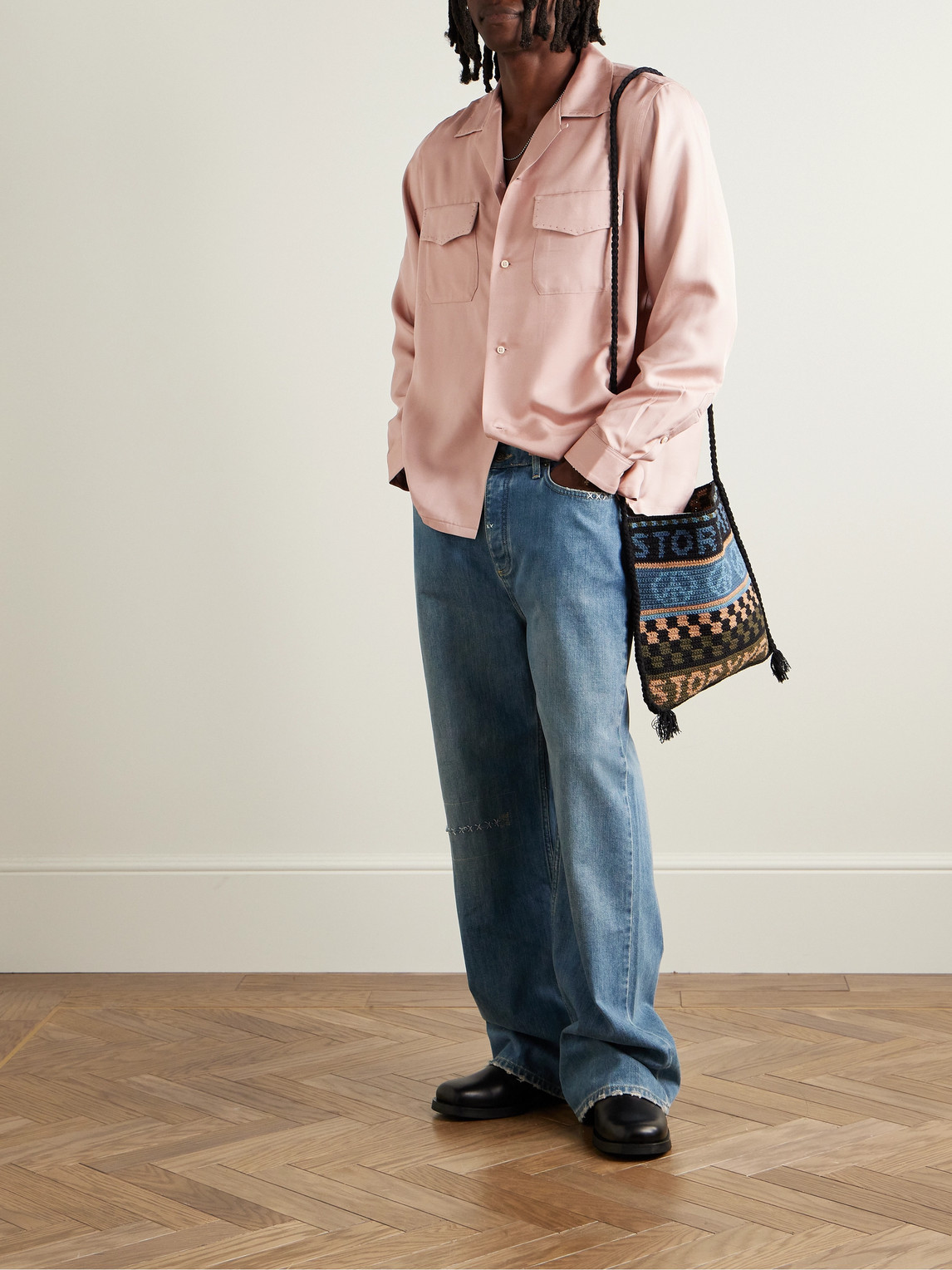 Shop Visvim Keesey Convertible-collar Embroidered Silk-twill Shirt In Pink