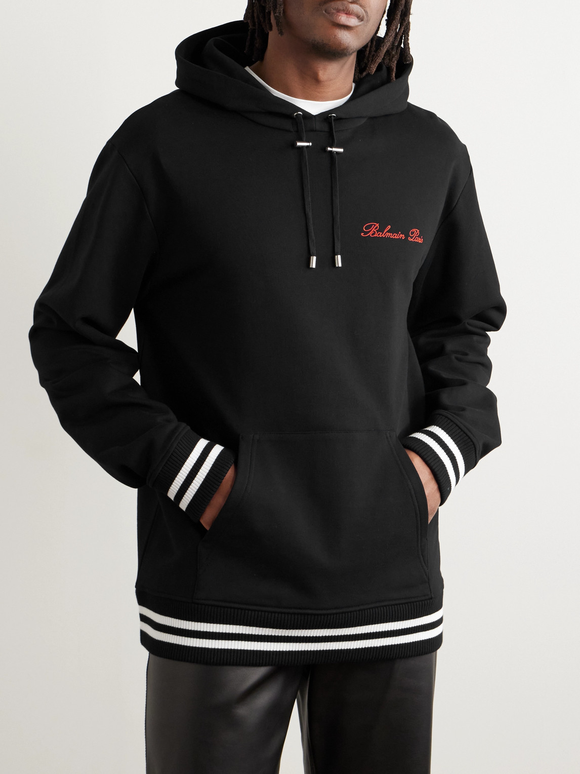 Shop Balmain Logo-embroidered Cotton-jersey Hoodie In Black