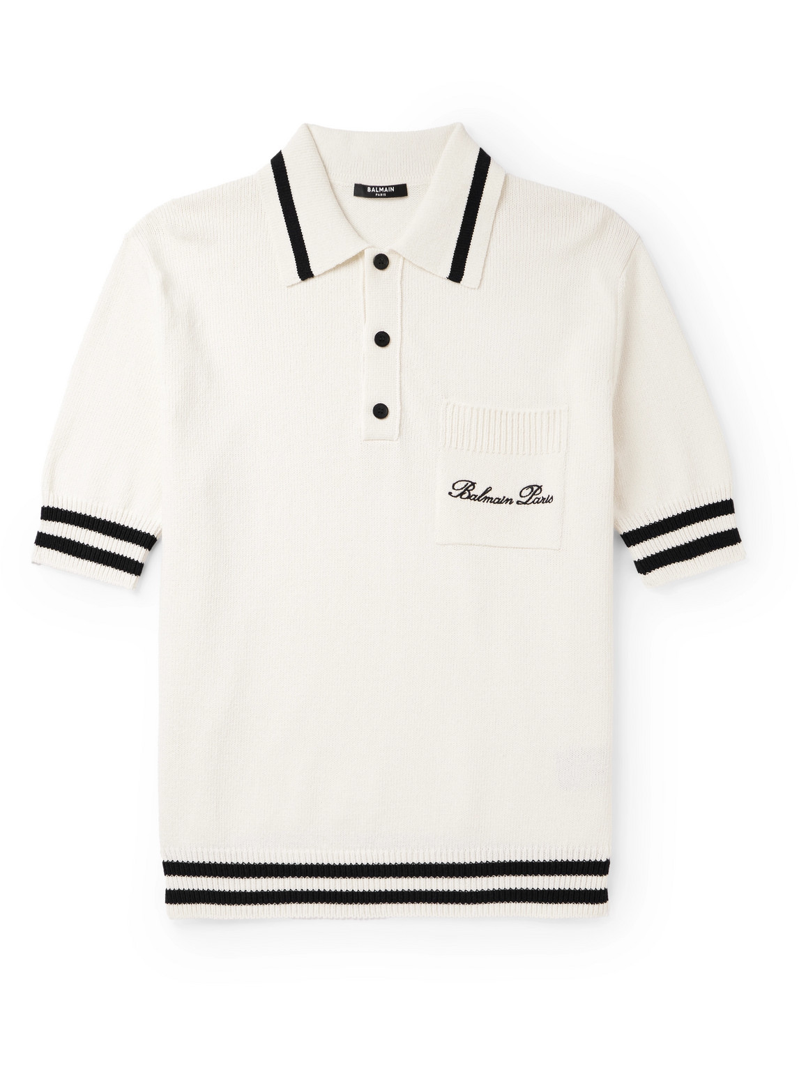 Balmain Logo-embroidered Striped Knitted Polo Shirt In Neutrals