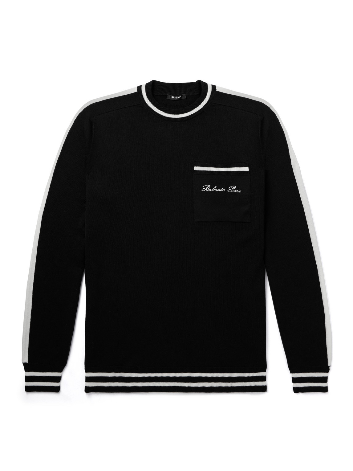 BALMAIN LOGO-EMBROIDERED STRIPED WOOL SWEATER